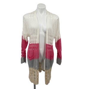 POL Multi Colorblock Crochet Lace Open Long Cardigan Small